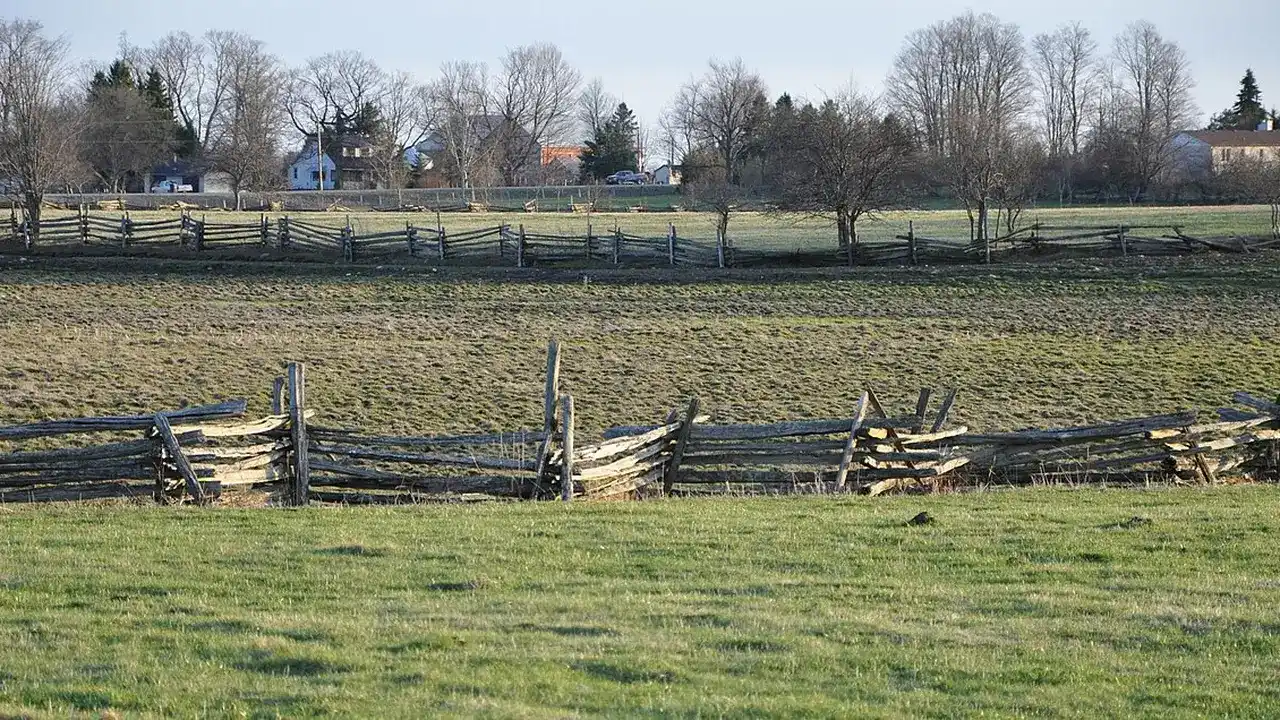 Split-rail fence across an open field