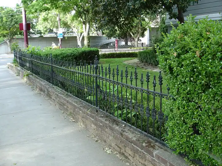 Black wrought-iron fence along a garden walk
